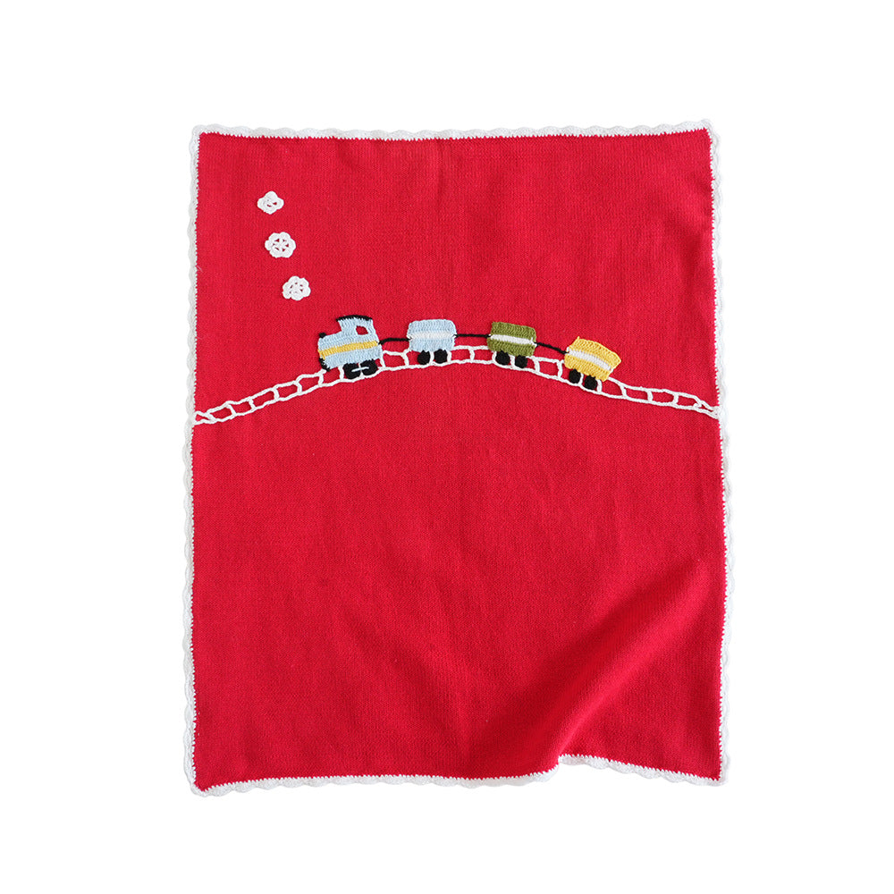 Classic Knitted Baby Blanket – Red Cotton Baby Blanket with Train Embroidery