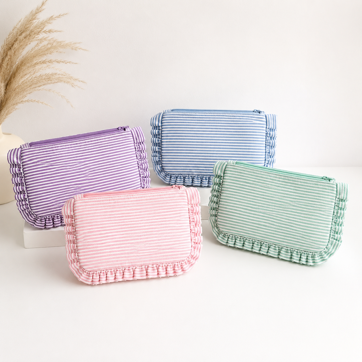Striped Ruffle Cosmetic Bag – Toiletry & Travel Pouch