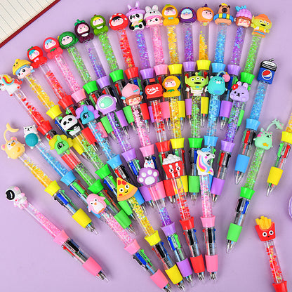 Glitter Quicksand 4-Color Retractable Ballpoint Pens Cartoon Gel Ink Pens with Fun Floating Liquid Design
