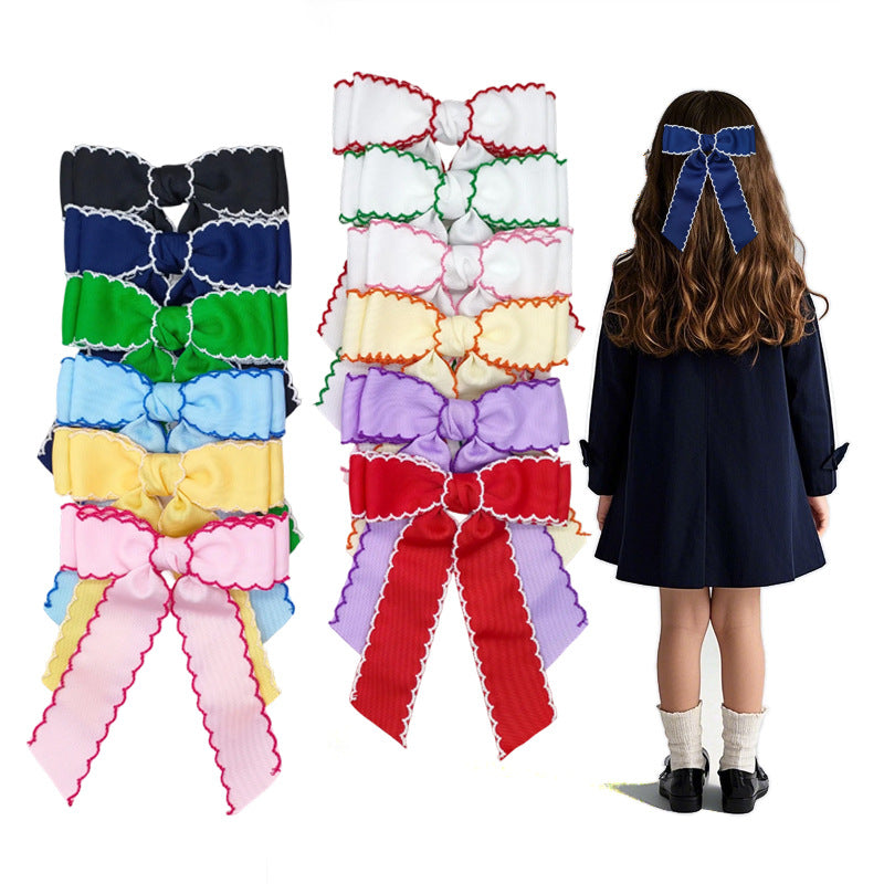 Girls Grosgrain Ribbon Bow Hair Clip – Contrast Scalloped Stitching & Long Ribbon Tails