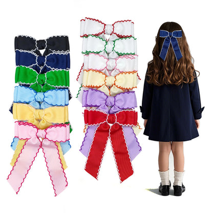 Girls Grosgrain Ribbon Bow Hair Clip – Contrast Scalloped Stitching & Long Ribbon Tails