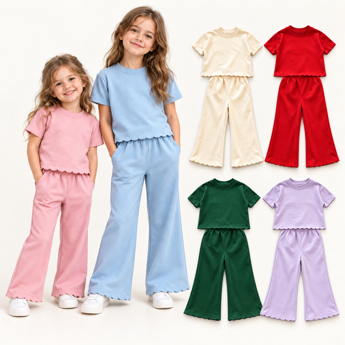 Girls’ Scalloped Cotton Two-Piece Set – Short Sleeve Sweatshirt & Wide-Leg Pants for Fall & Winter