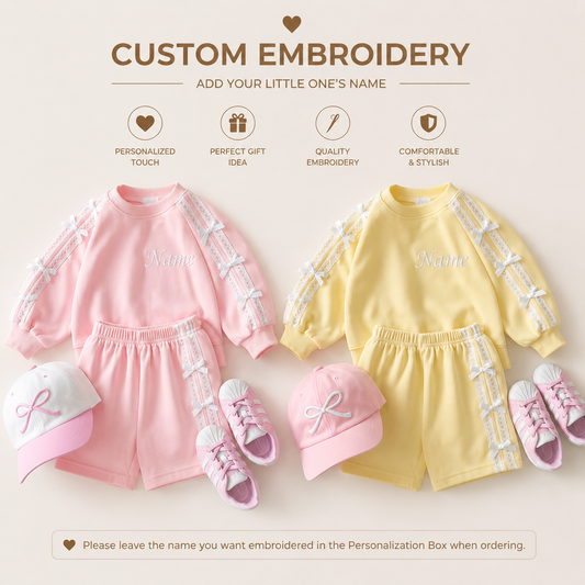 Personalized Girls Cotton 2-Piece Set | Custom Name Embroidery Long Sleeve Top & Shorts Outfit