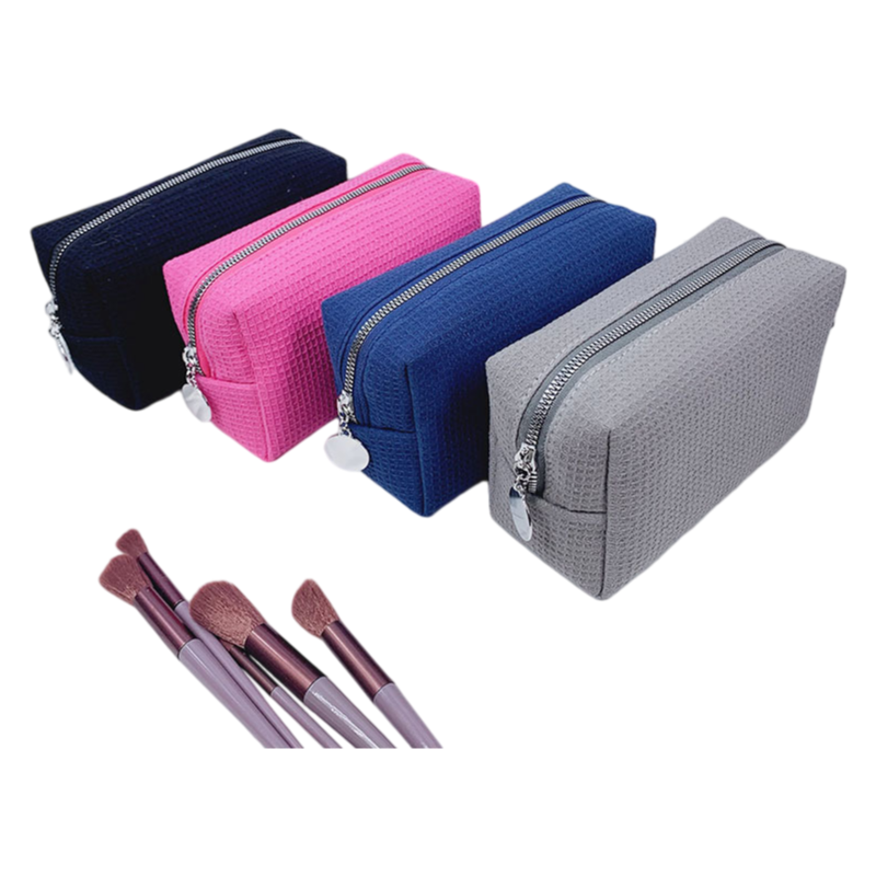Waffle Fabric Solid Color Makeup Pouch Travel Toiletry Bag