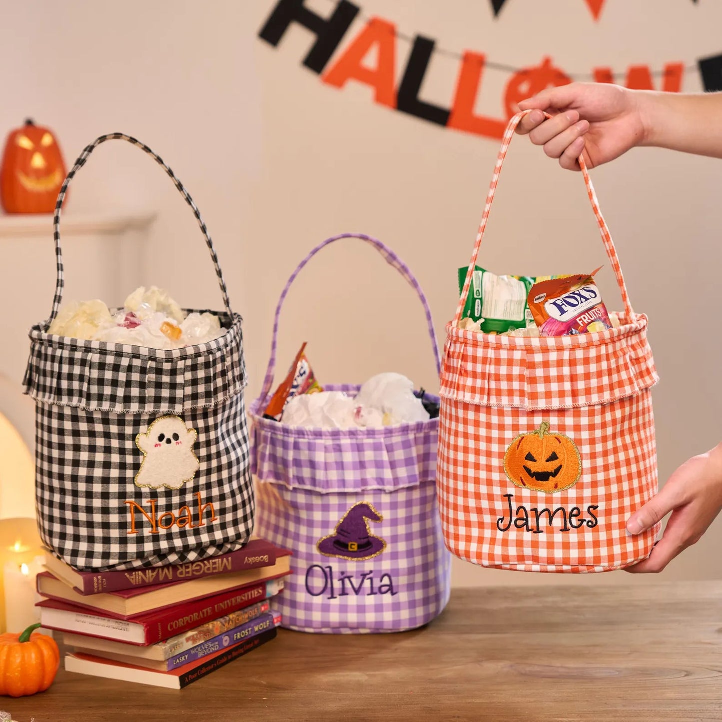 Personalized Halloween Trick or Treat Basket for Kids – Custom Name, Embroidered Patch & Gingham Candy Bucket