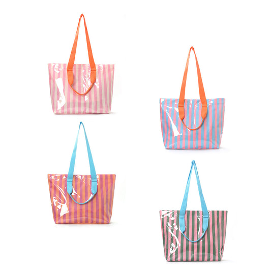 Waterproof Clear Striped Tote Bag – Large PVC Beach & Shopping Bag with Colorful Straps