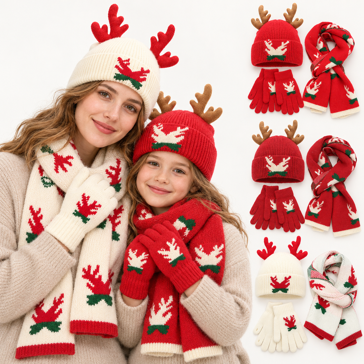 Christmas Reindeer Hat, Scarf & Gloves 3-Piece Set for Adults & Kids – Matching Family Knit Winter Accessories