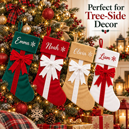 Personalized Christmas Stockings with Velvet Bow – Custom Name Embroidered Holiday Stocking, Red Green Beige White Christmas Tree & Fireplace Decor