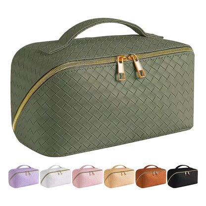 Woven PU Leather Makeup Bag with Handle & Zipper Travel Toiletry & Cosmetic Organizer