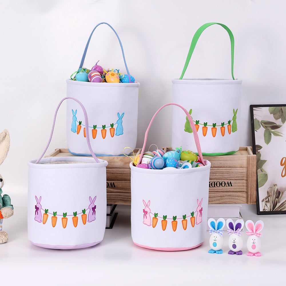 Easter Bunny Embroidered Candy Basket with Carrot Design, Kids Treat Bucket