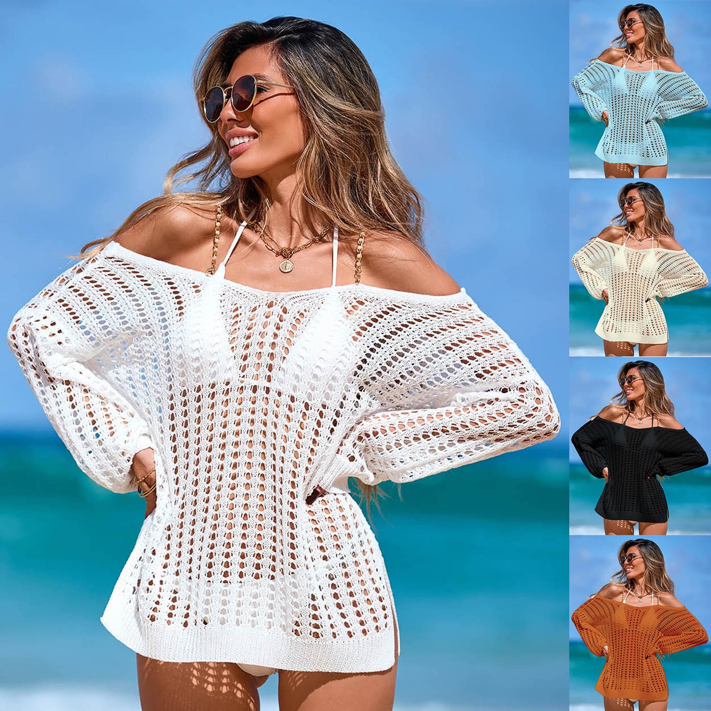 V-Neck Crochet Beach Cover-Up Dress Lightweight Hollow-Out Bikini Swimsuit