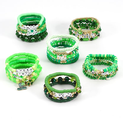 St. Patrick’s Day Green Beaded Bracelet Set with Lucky Shamrock Charm