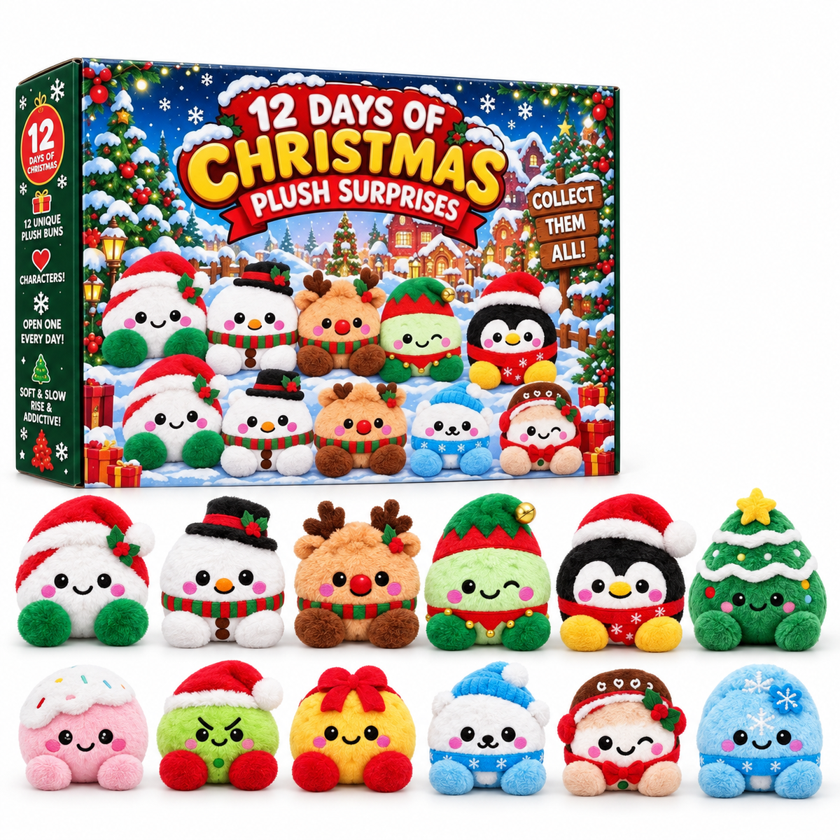 Christmas Plush Advent Calendar 2026 – 12 Days of Slow-Rise Squishy Bun Ornament Surprises