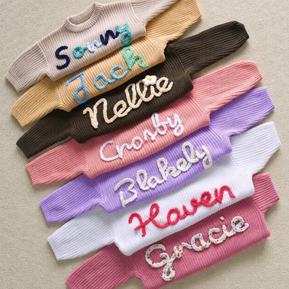 Personalized Name Knit Sweater for Babies & Kids – Custom Yarn Embroidery with Optional Crochet Decorations