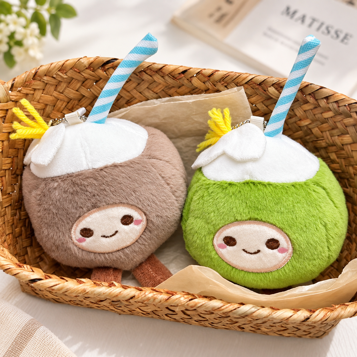 Cute Coconut Plush Keychain – Kawaii Tropical Drink Bag Charm