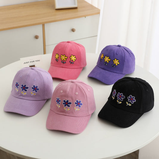Spring & Summer Kids Embroidered Floral Baseball Cap, Solid Color Sun Hat