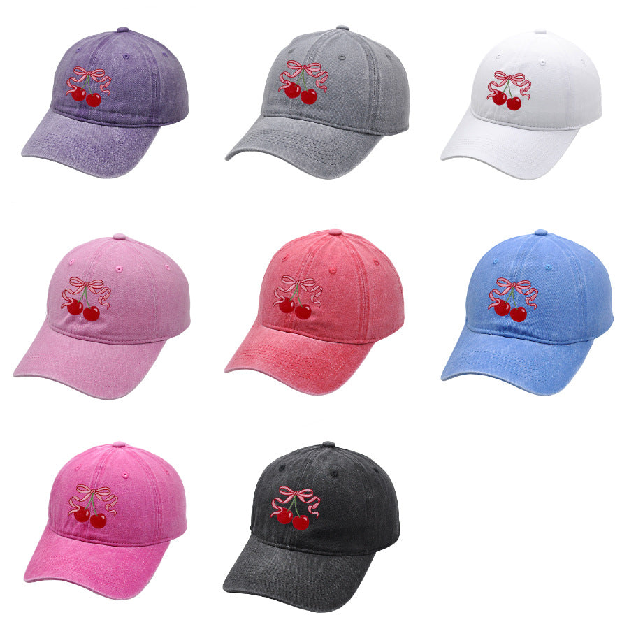 Vintage Washed Baseball Cap with Cherry & Bow Embroidery