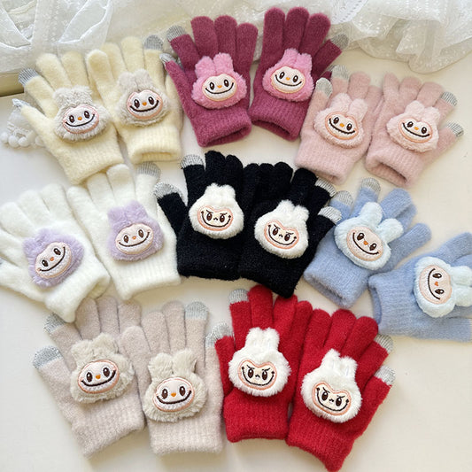 Winter Knit Gloves with Plush Doll Decoration Warm Fuzzy Finger Gloves for Parent Child Matching