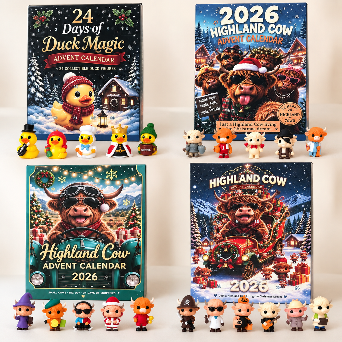 2026 Christmas Advent Calendar – 24-Day Mini Figure Surprise Countdown, Highland Cow & Duck Collectible Holiday Gift