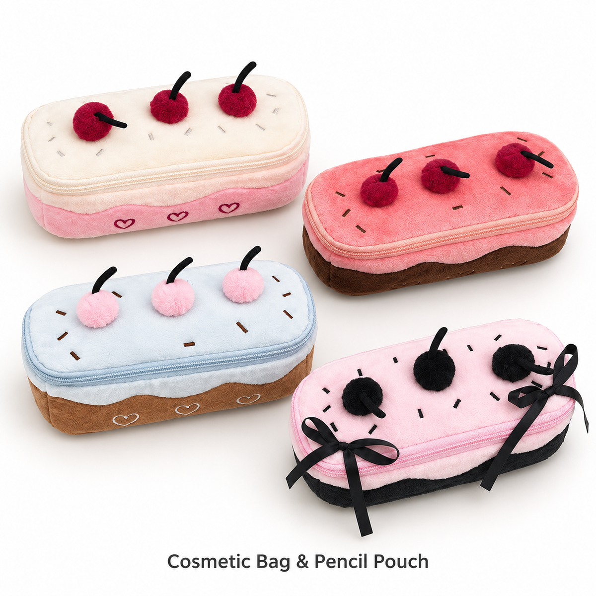 Cherry Cake Plush Cosmetic Bag & Pencil Pouch – Cute Zipper Makeup Organizer and Stationery Case