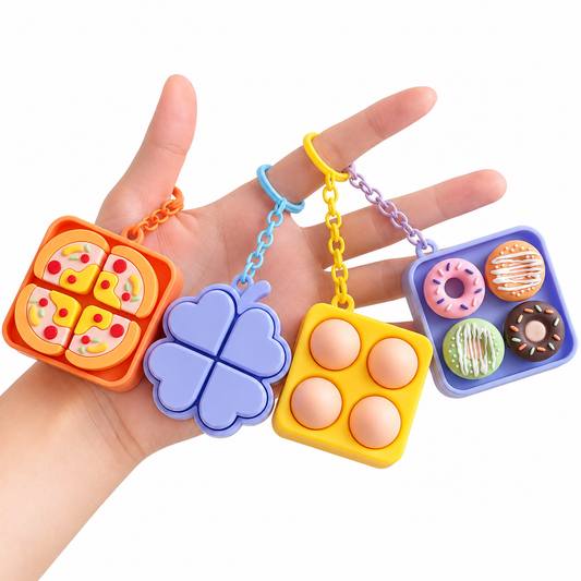 Button Fidget Keychains – Novelty Stress Relief Sensory Toys, Pizza, Donut, Clover, Cat Paw & More