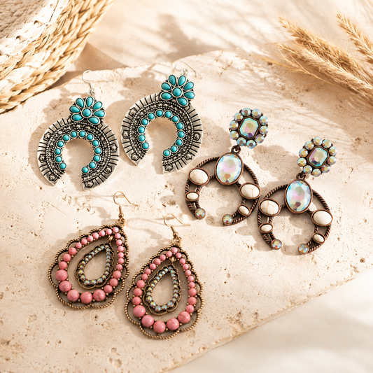 Western Boho Statement Glass Drill Turquoise Pink & Crystal Drop Earrings