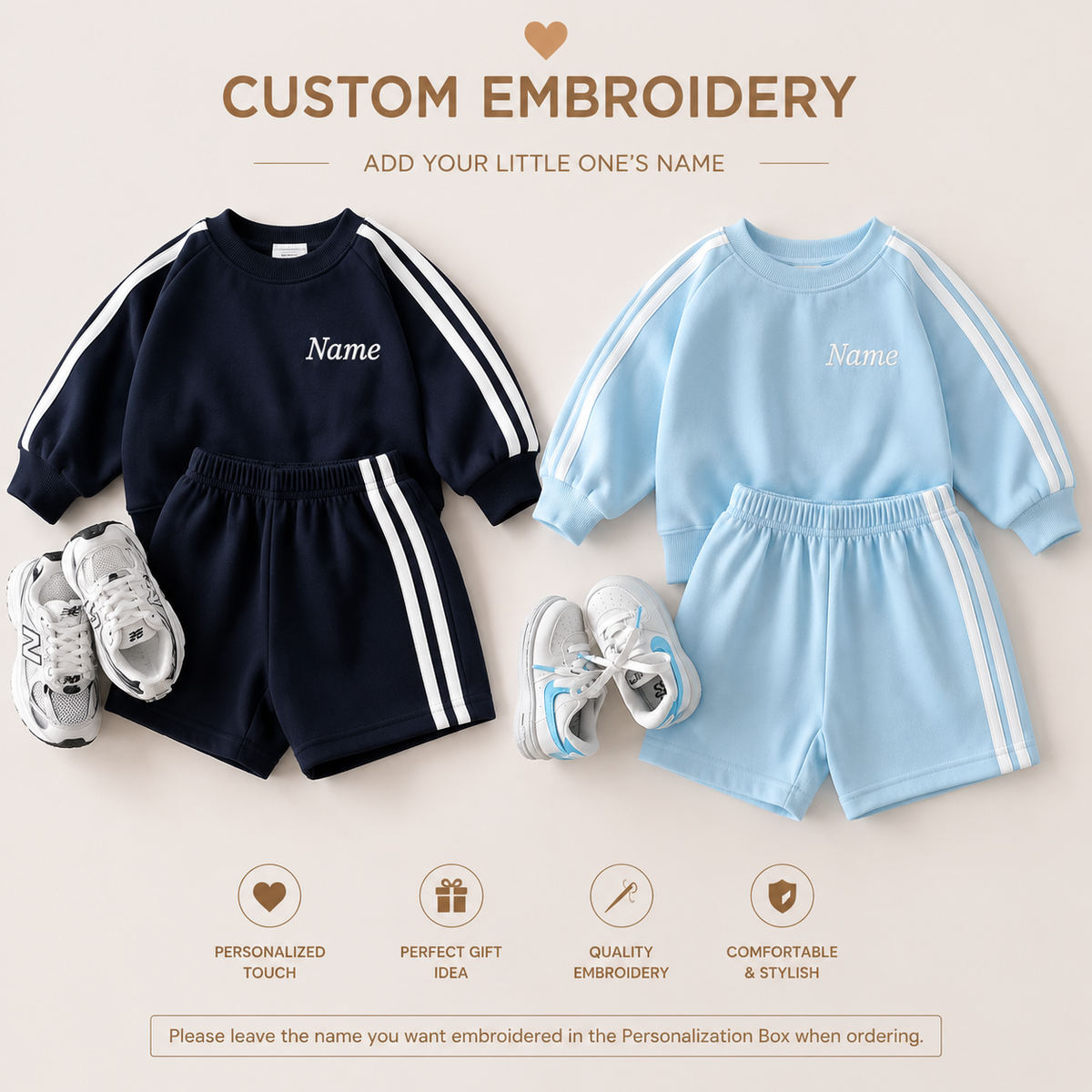 Personalized Boys Cotton 2-Piece Set | Long Sleeve Top & Shorts Outfit | Custom Name Embroidery Optional