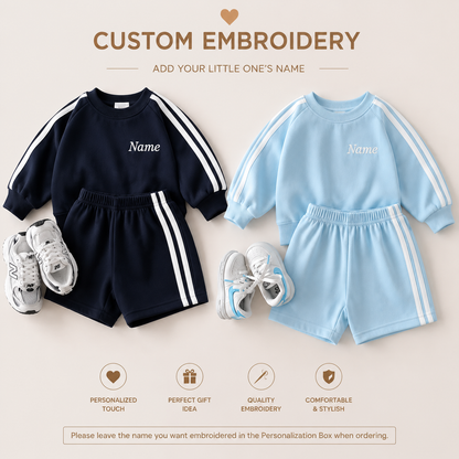 Personalized Boys Cotton 2-Piece Set | Long Sleeve Top & Shorts Outfit | Custom Name Embroidery Optional