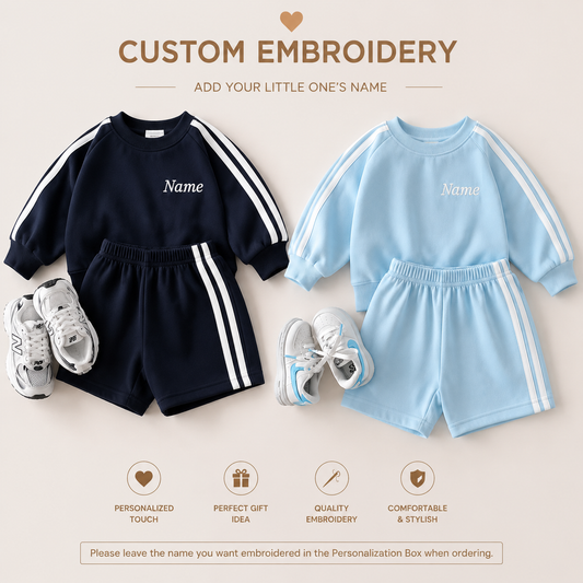 Personalized Boys Cotton 2-Piece Set | Long Sleeve Top & Shorts Outfit | Custom Name Embroidery Optional