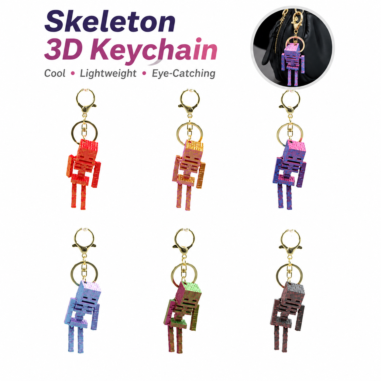 Pixel Skeleton 3D Keychain – Metallic Halloween Bag Charm
