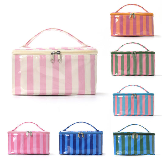 PVC Striped Waterproof Clear Cosmetic Bag Makeup Travel Toiletry Organizer Carry Pouch