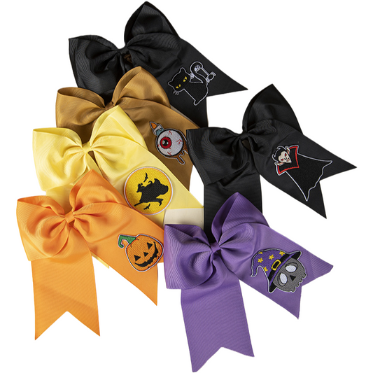 Halloween Pumpkin Cat Witch Embroidered Ribbon Bow Hair Tie Kids & Adults 6 Colors Available