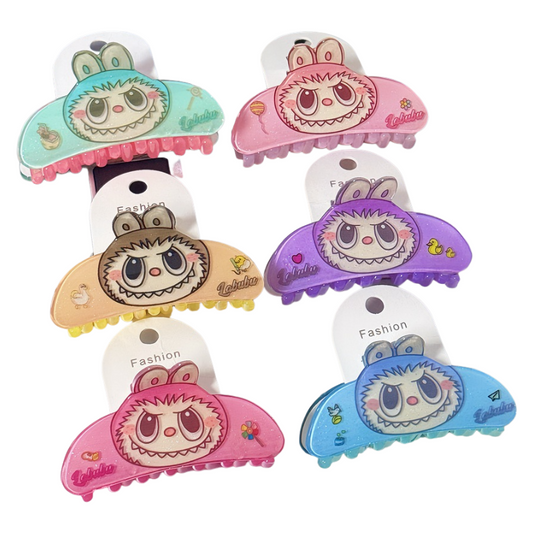 Colorful Dopamine Labubu Cartoon Hair Claw – Cute Printed Kids Hair Clip, Back Bun Shark Clip