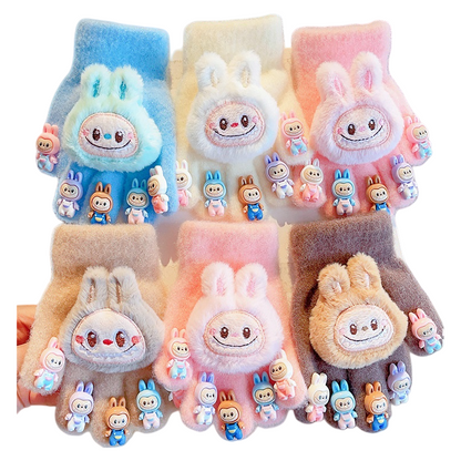 Cute Labubu Plush Half-Finger Gloves Warm Knitted Mittens with 3D Bunny and Silicone Labubu Charms