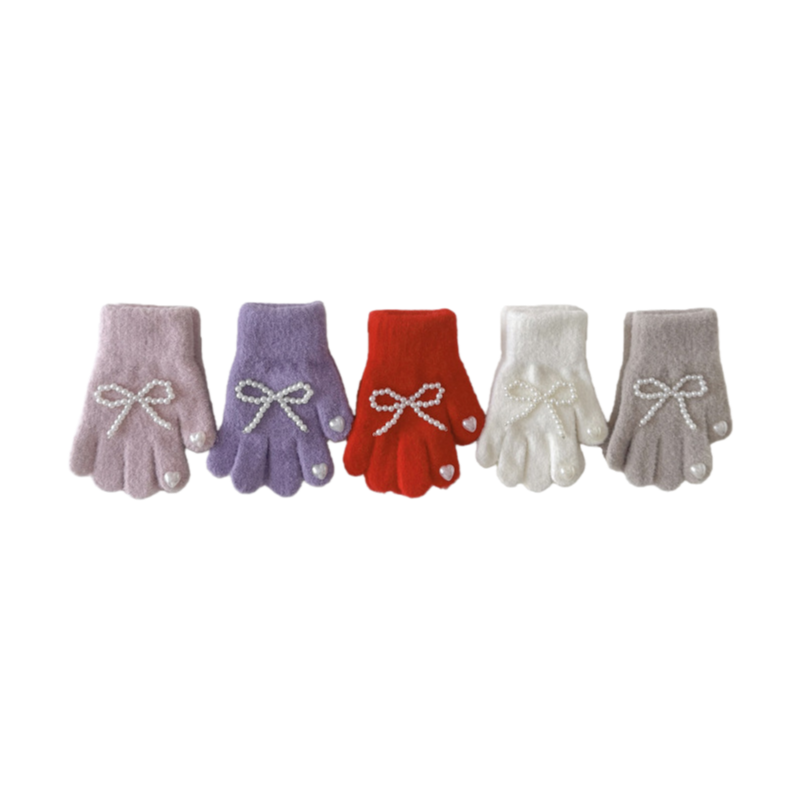Winter Kids Gloves New Solid Color Bow and Pearl Decor Knitted Five-Finger Gloves for Girls