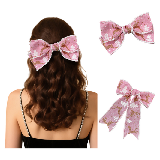 Christmas Gold Reindeer & Christmas Tree Bow Hair Clip – Festive Holiday Party Sweet Hair Accessory