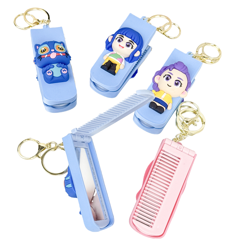 Kpop Demon Hunters 3-in-1 Keychain Folding Comb with Mirror Portable Hair Brush Accessory for Girls