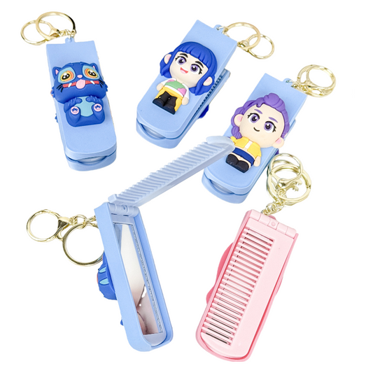 Kpop Demon Hunters 3-in-1 Keychain Folding Comb with Mirror Portable Hair Brush Accessory for Girls