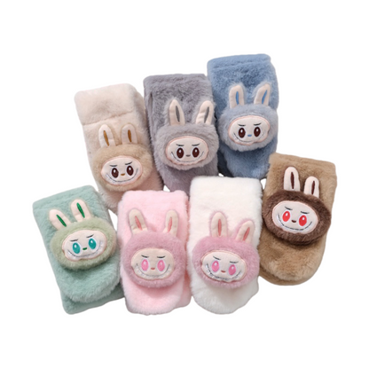 Winter Labubu Plush Decor Kids Scarf Faux Rabbit Fur Baby Neck Warmer Cartoon Thick Winter Scarf