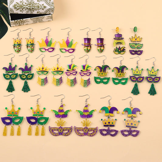 Mardi Gras Carnival Acrylic Stud Earrings Mask, Crown & Hat Festival Jewelry