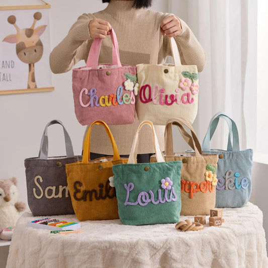 Custom Corduroy Tote Bag with Chunky Yarn Letters & Decorative Charms Canvas Handles