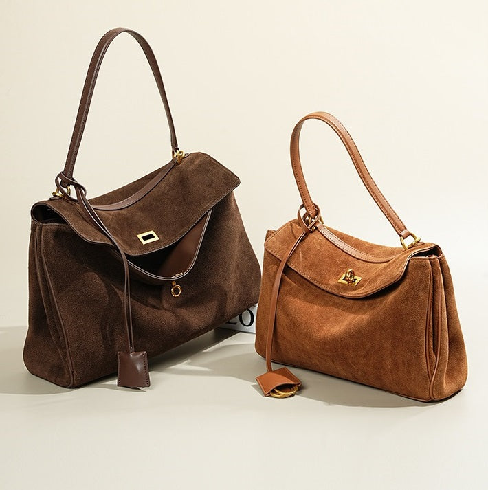 Slouchy Turn-Lock Shoulder Bag in Leather or Suede