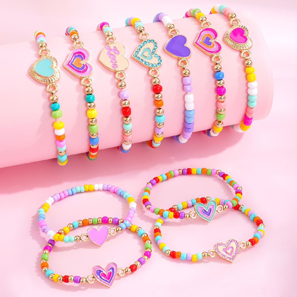 Valentine’s Day Beaded Bracelet Set for Girls – Colorful Cartoon Heart Charms