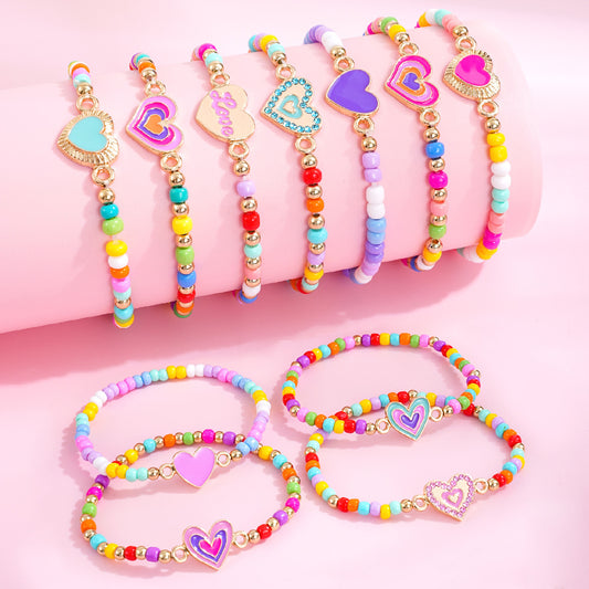 Valentine’s Day Beaded Bracelet Set for Girls – Colorful Cartoon Heart Charms