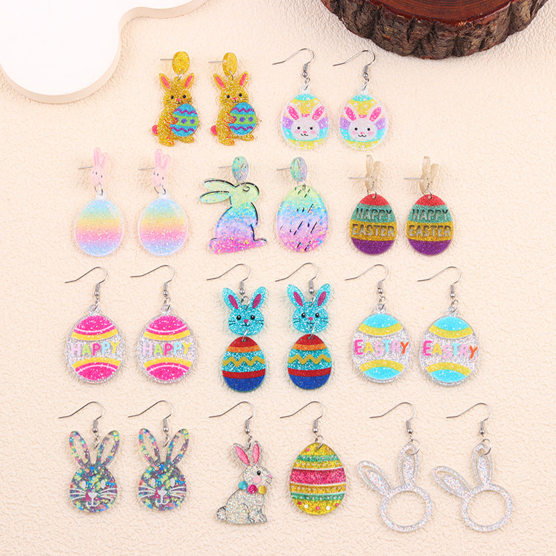 Easter Asymmetrical Bunny & Egg Acrylic Stud Earrings Creative Mismatch Ear Jewelry