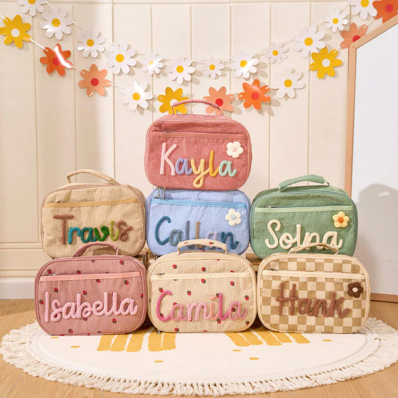 Personalized Corduroy Backpack Lunch Bag Custom Chenille Letter Bag with Charms