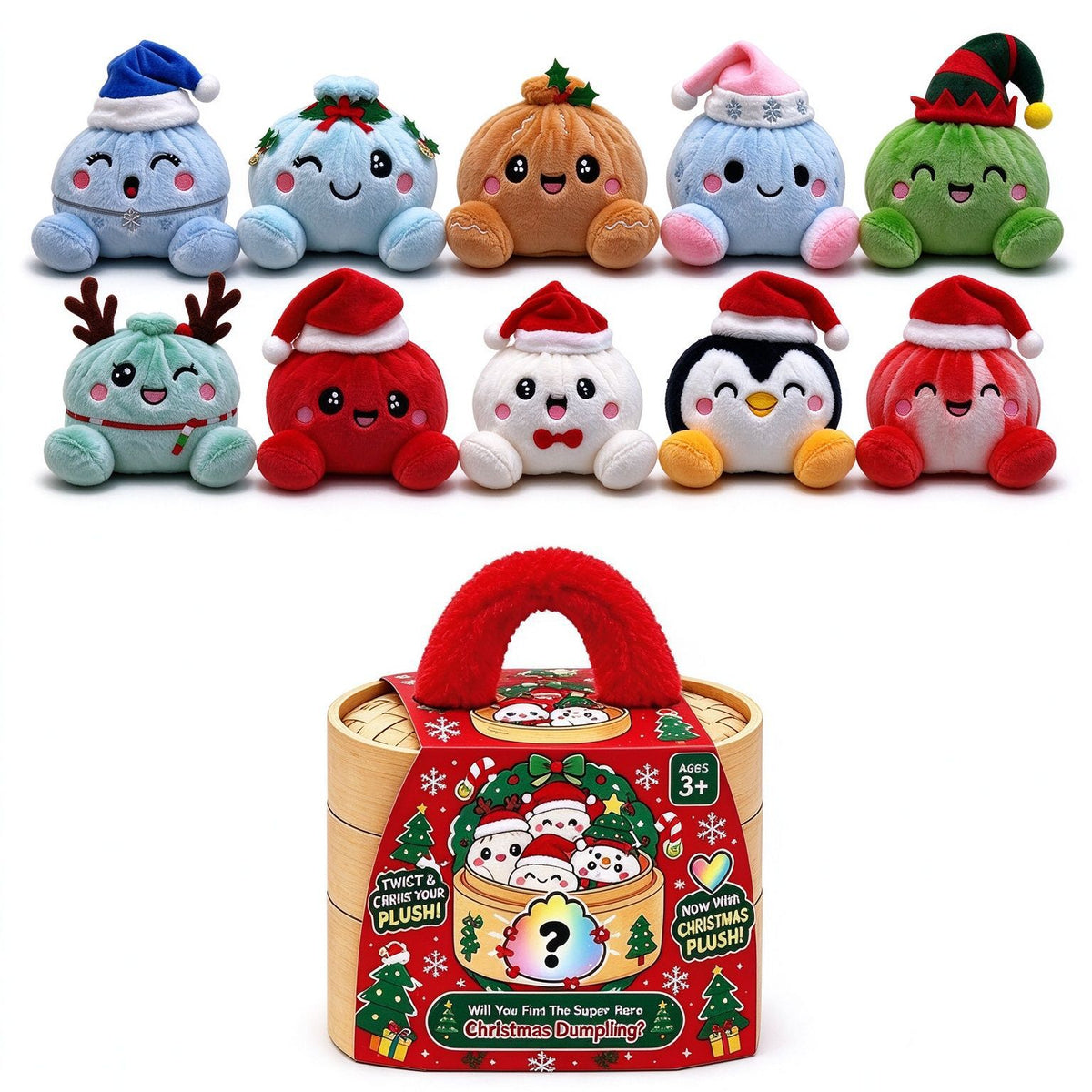 Christmas Bao Bun Plush Toys – Cute Holiday Dumpling Characters, Plush Only or with Bamboo Steamer Gift Box