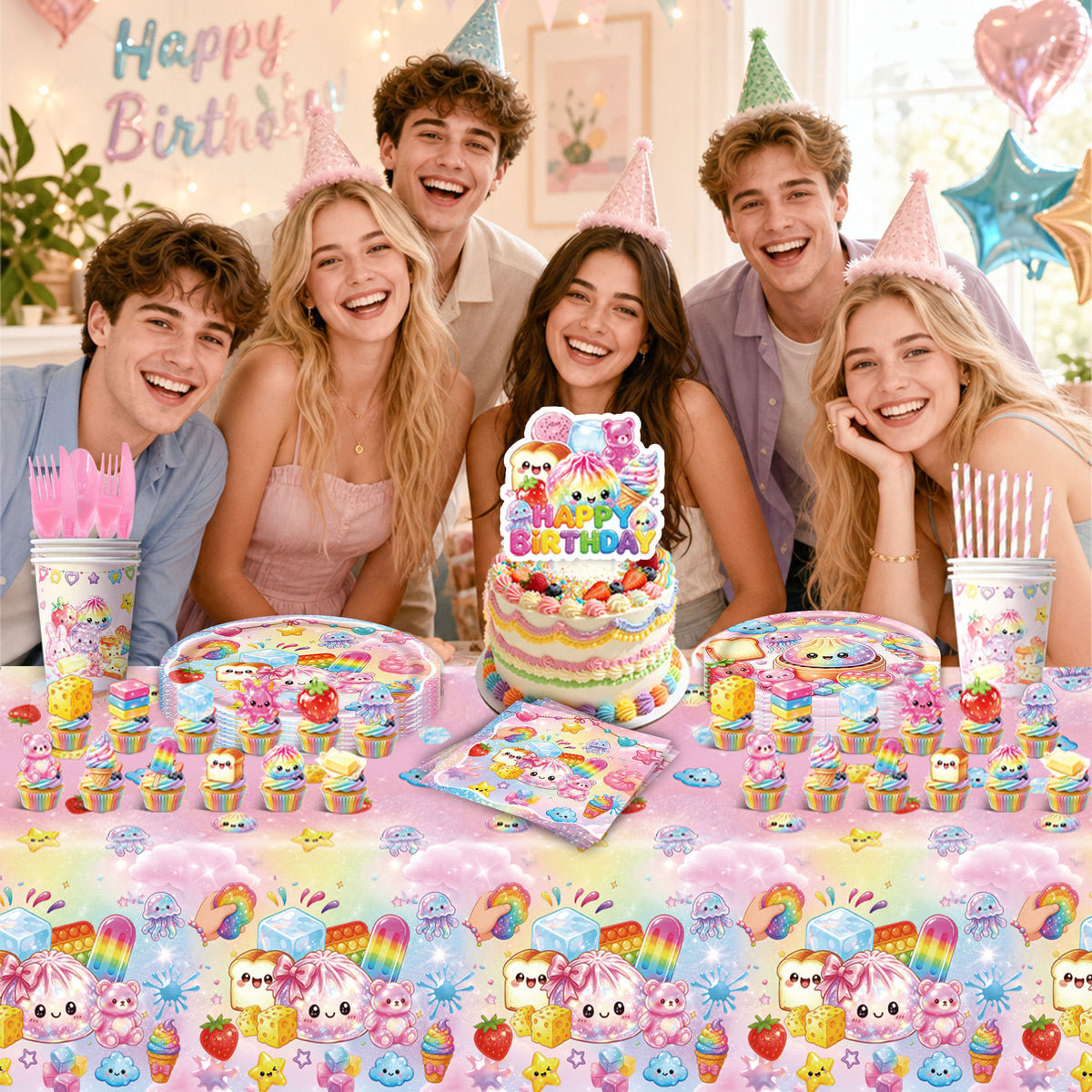 Kawaii Squishy Toy Themed Birthday Party Supplies – Cute Cartoon Paper Plates, Cups, Napkins, Tablecloth & Decorations