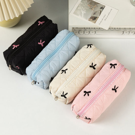 Bow Embroidered Large Capacity Pencil Case Portable Pen Pouch Stationery Organizer