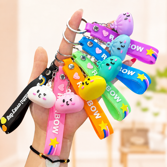 Cute Kawaii Dumpling Silicone Keychain with Rainbow Wrist Strap